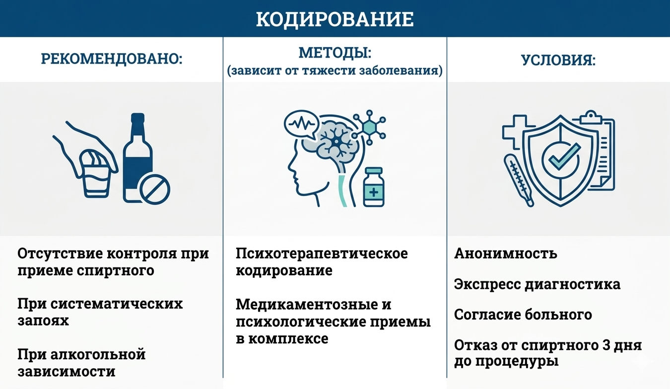 Инфографика с методами и условиями кодирования от алкоголизма — рекомендации, психотерапия и медикаментозные приёмы