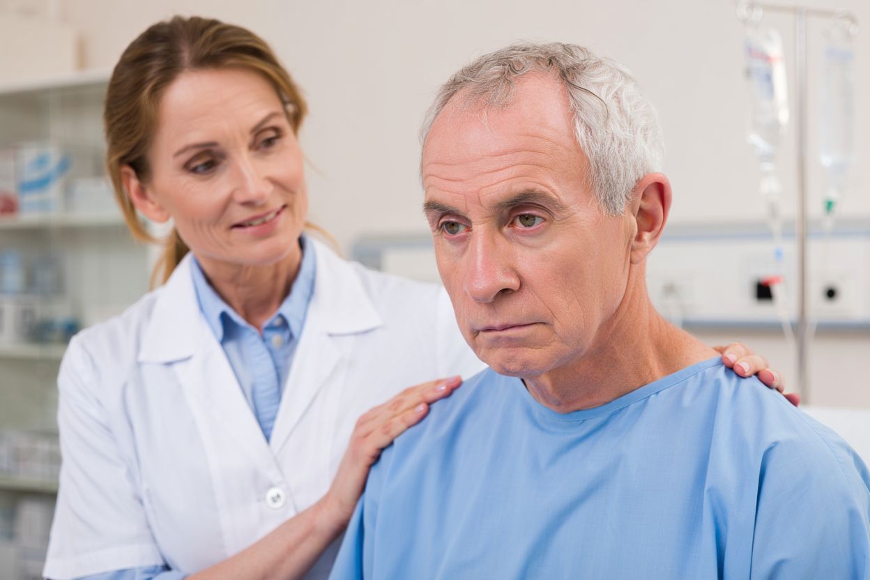 Врач держит пациента за плечи